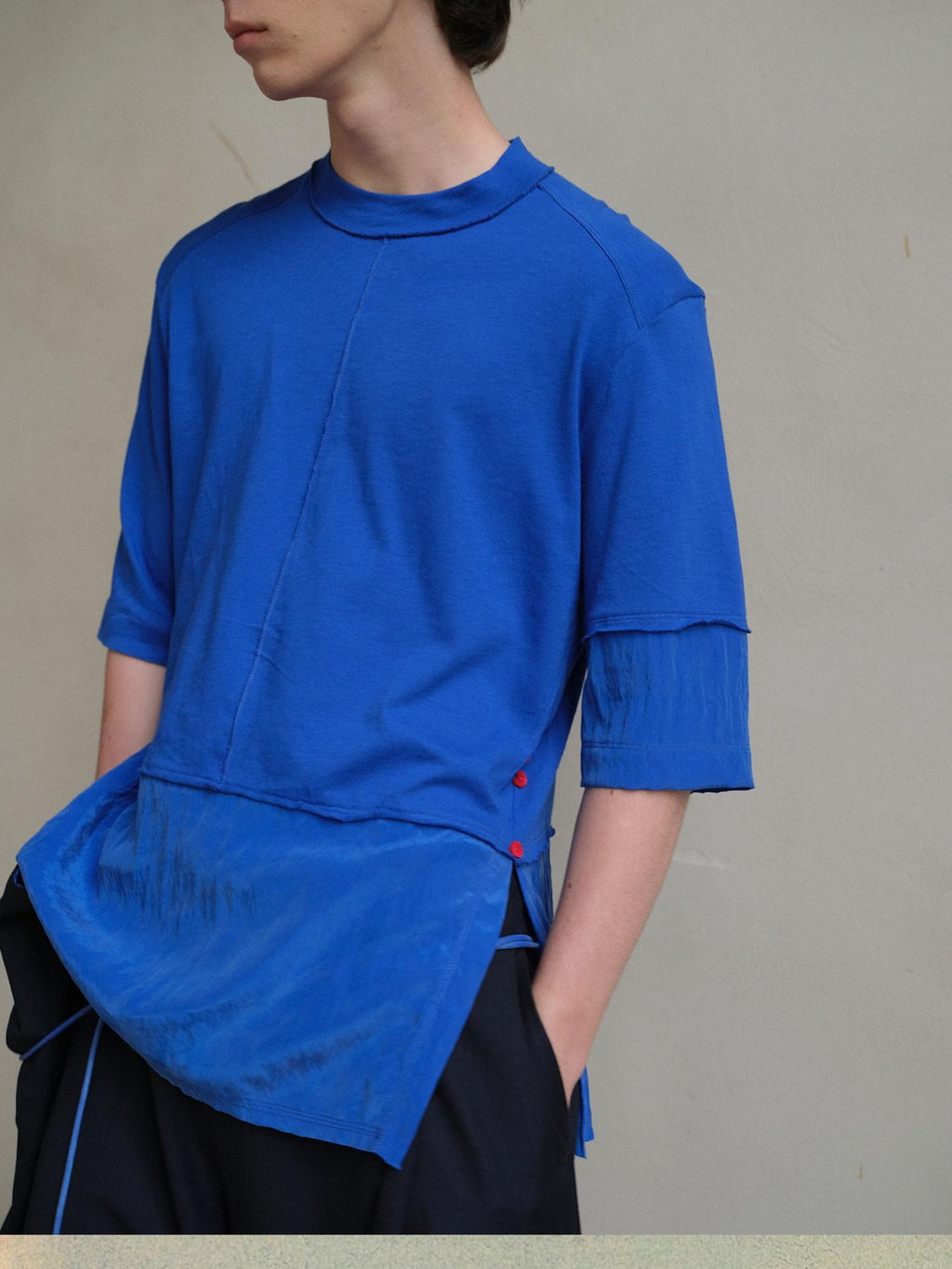 soknot Blue Contrast Colorblock Side Slit Men's Cupro Short Sleeve T-shirts
