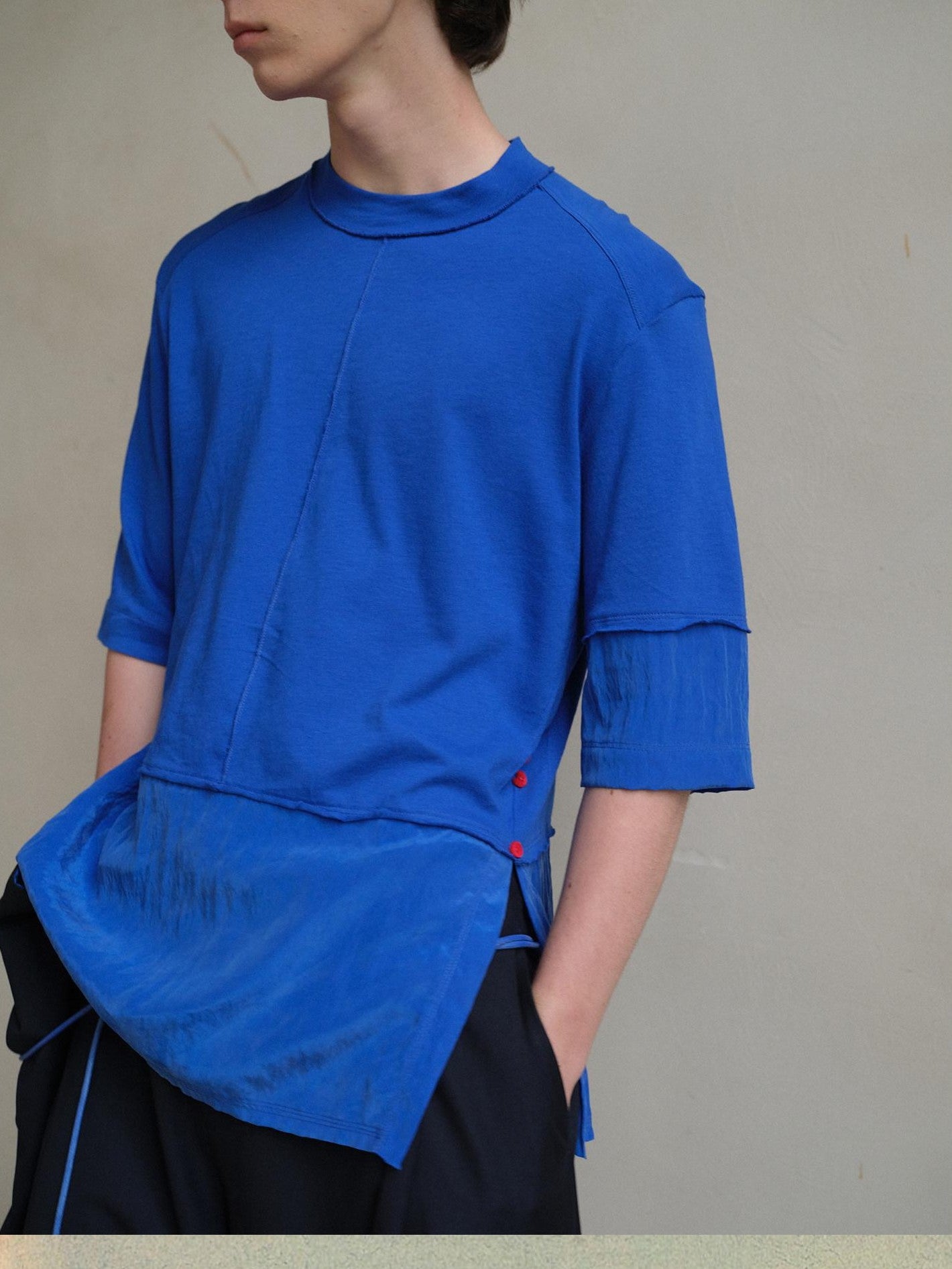 soknot Blue Contrast Colorblock Side Slit Men's Cupro Short Sleeve T-shirts
