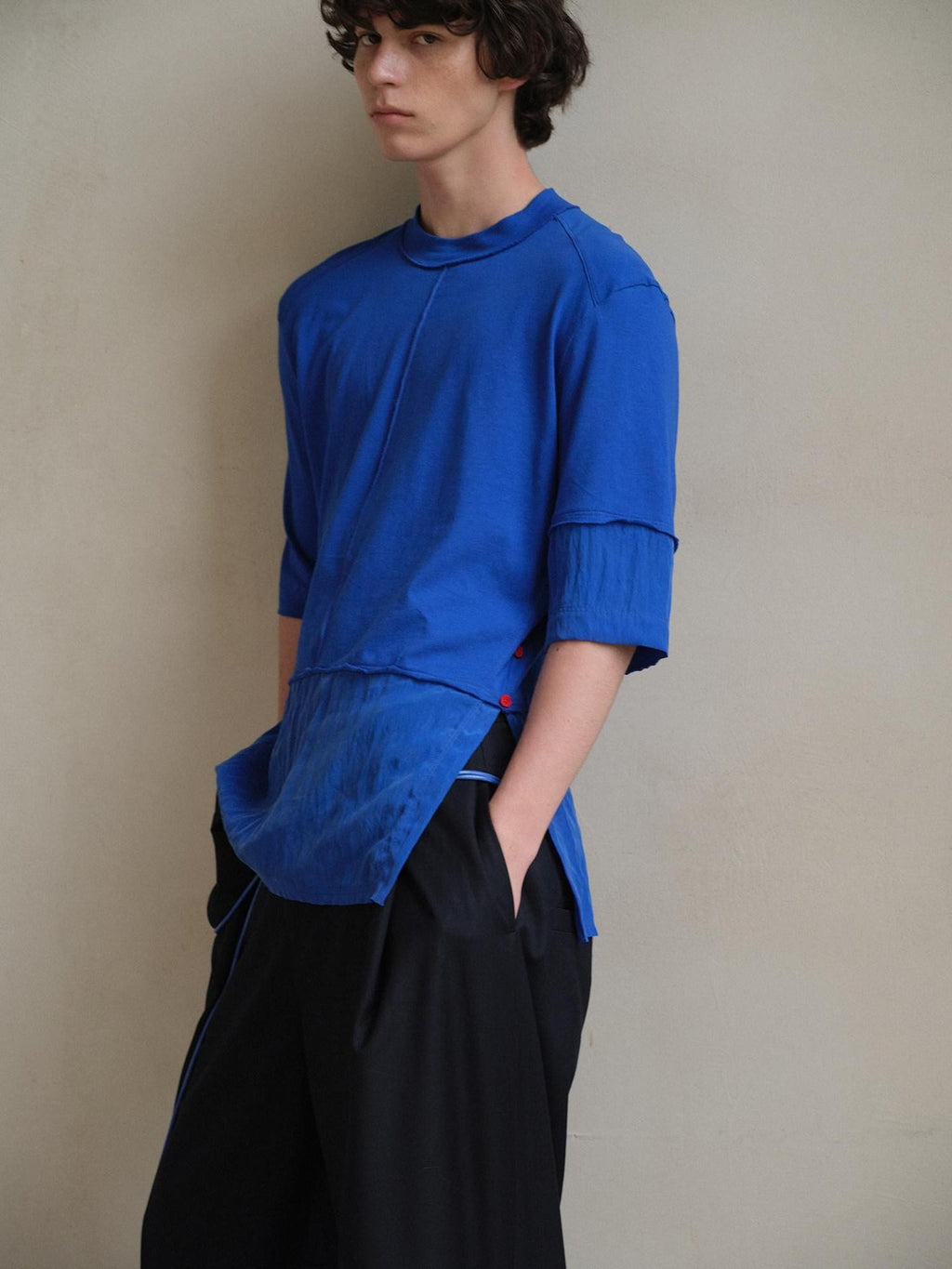 soknot Blue Contrast Colorblock Side Slit Men's Cupro Short Sleeve T-shirts