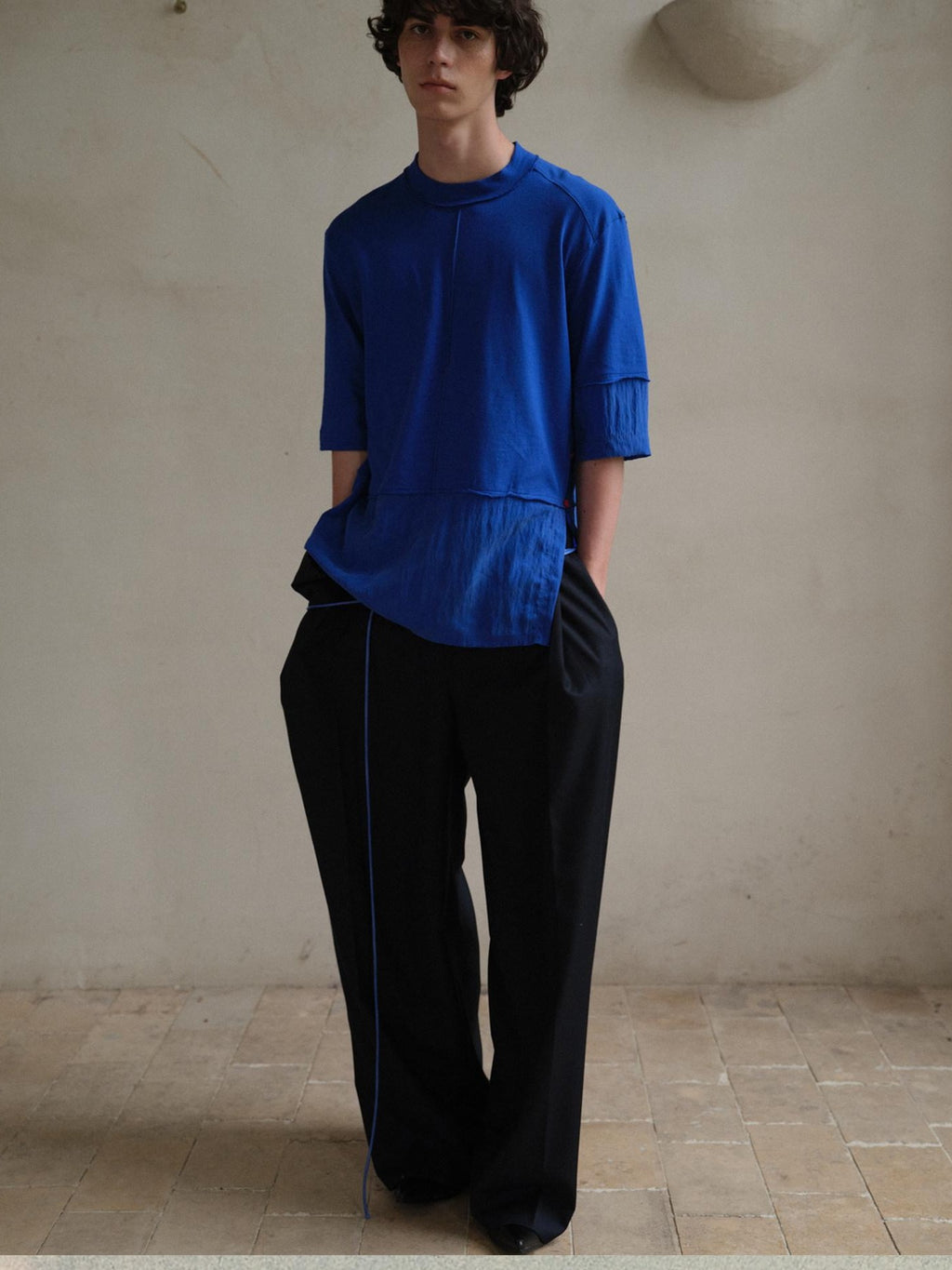 soknot Blue Contrast Colorblock Side Slit Men's Cupro Short Sleeve T-shirts