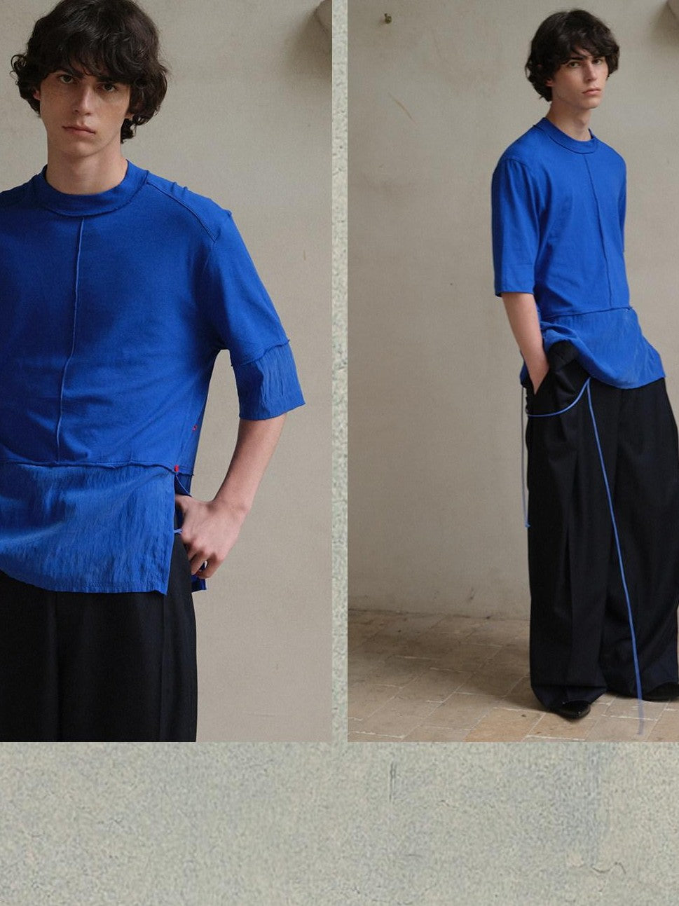 soknot Blue Contrast Colorblock Side Slit Men's Cupro Short Sleeve T-shirts
