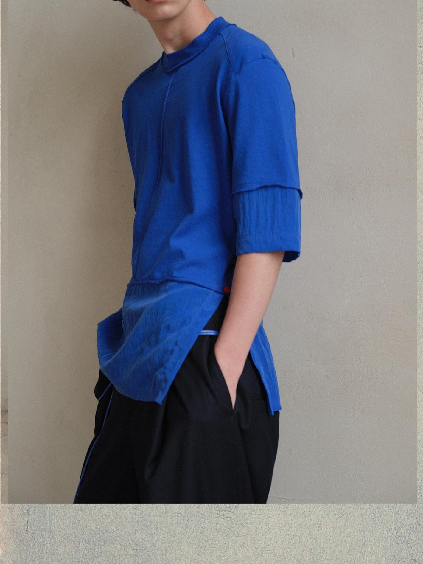 soknot Blue Contrast Colorblock Side Slit Men's Cupro Short Sleeve T-shirts