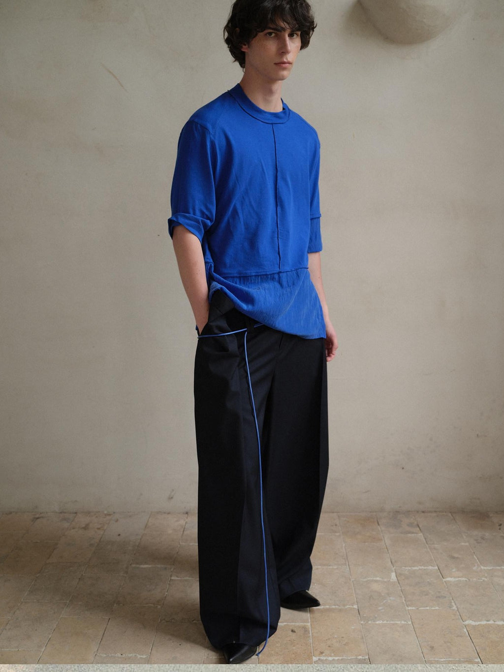 soknot Blue Contrast Colorblock Side Slit Men's Cupro Short Sleeve T-shirts