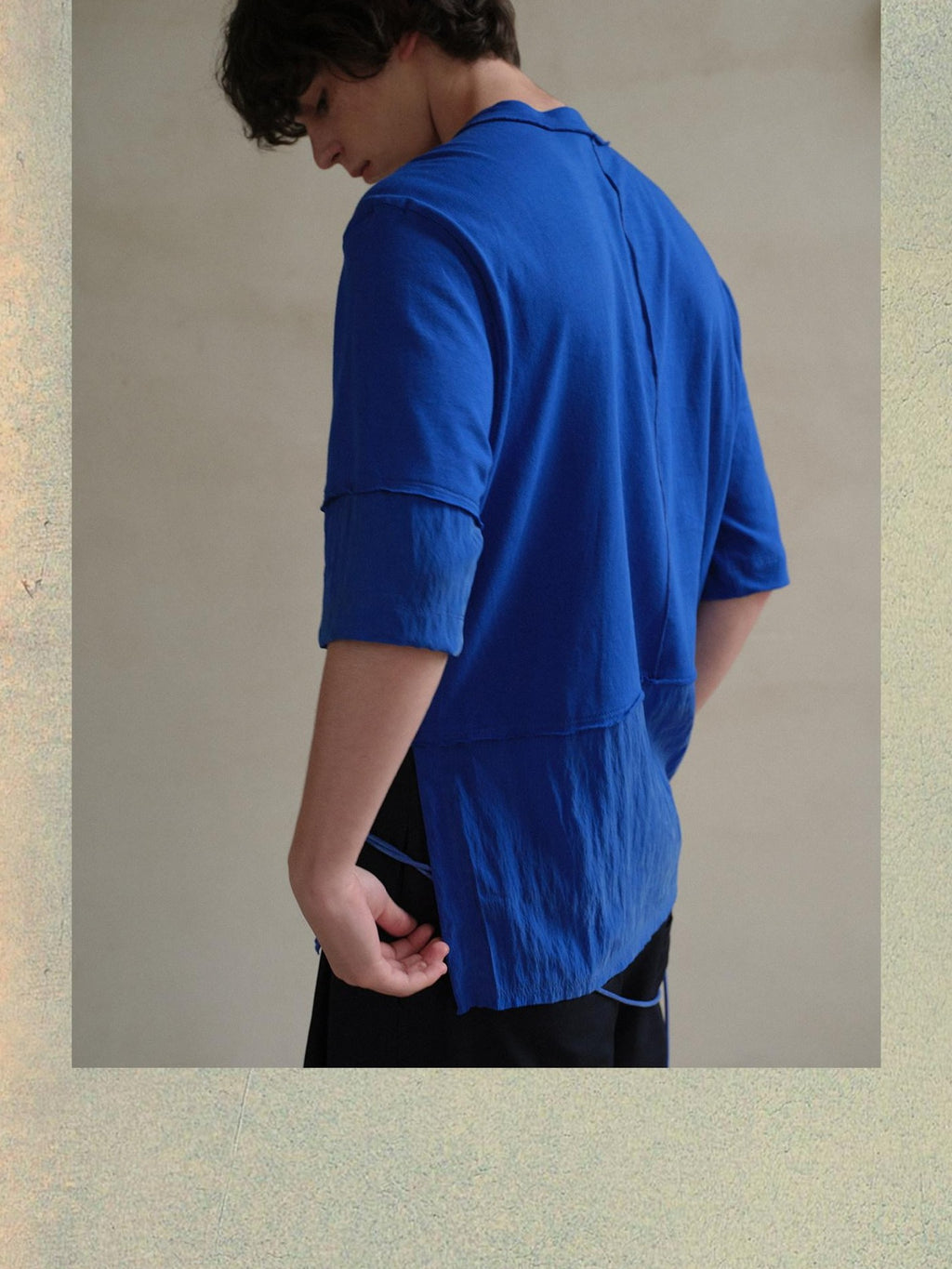soknot Blue Contrast Colorblock Side Slit Men's Cupro Short Sleeve T-shirts