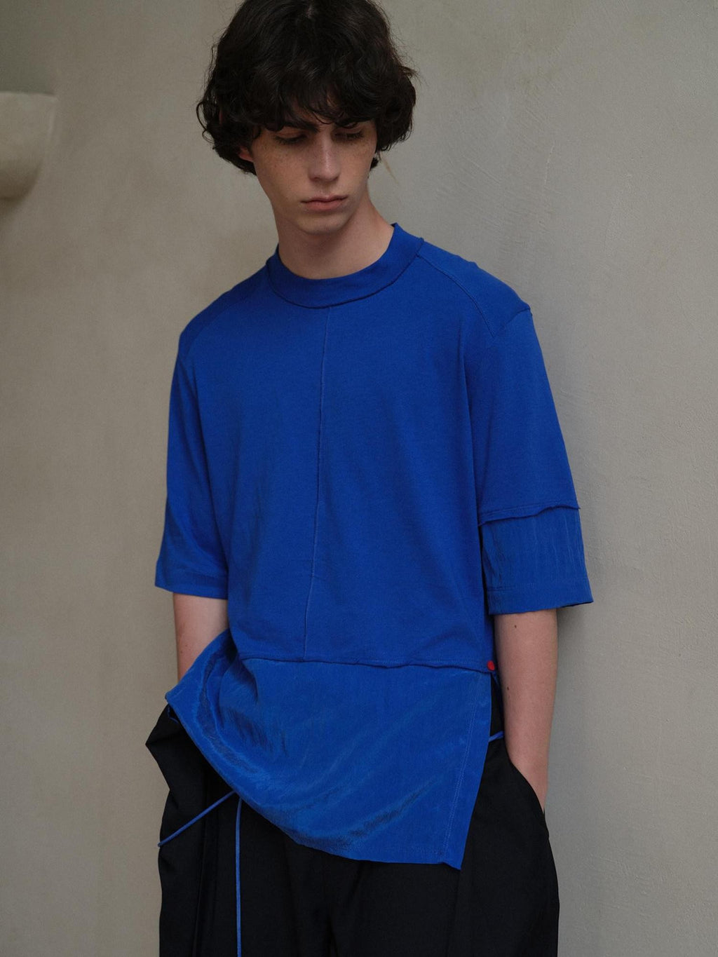 soknot Blue Contrast Colorblock Side Slit Men's Cupro Short Sleeve T-shirts