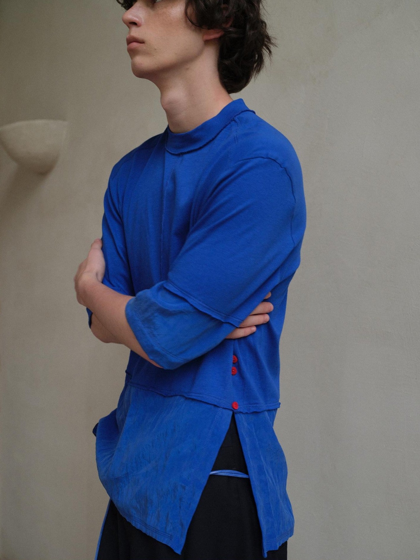 soknot Blue Contrast Colorblock Side Slit Men's Cupro Short Sleeve T-shirts