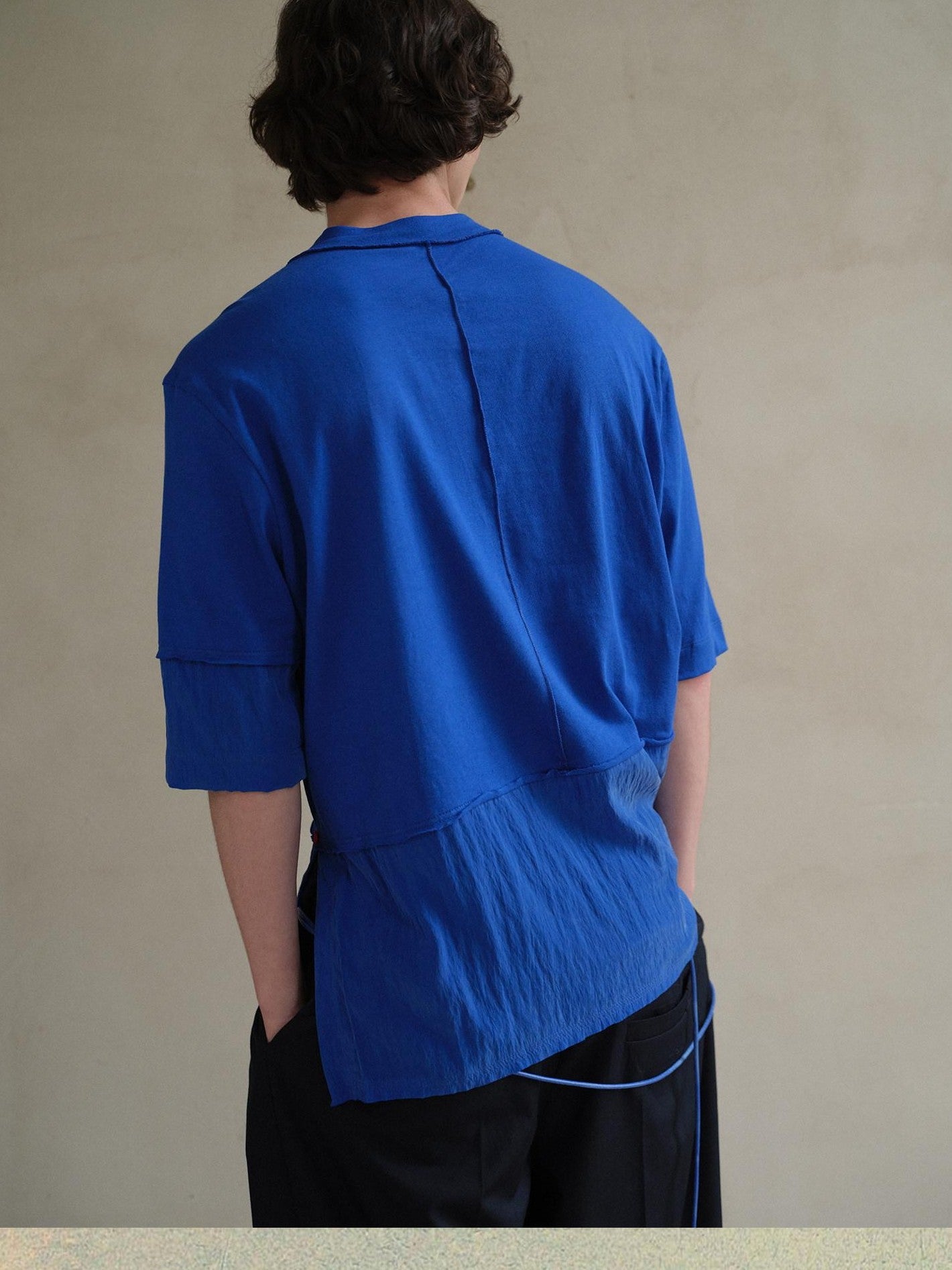 soknot Blue Contrast Colorblock Side Slit Men's Cupro Short Sleeve T-shirts