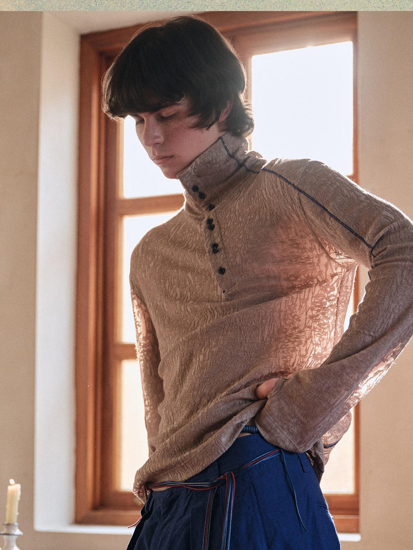 soknot Blush Lace High Neck Diagonal Placket Men's Long Sleeve T-shirts
