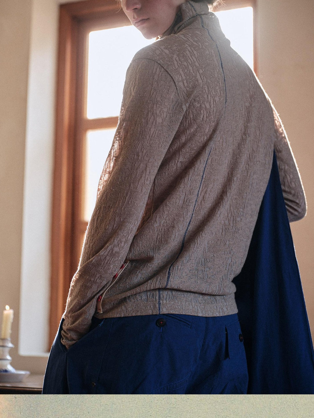 soknot Blush Lace High Neck Diagonal Placket Men's Long Sleeve T-shirts
