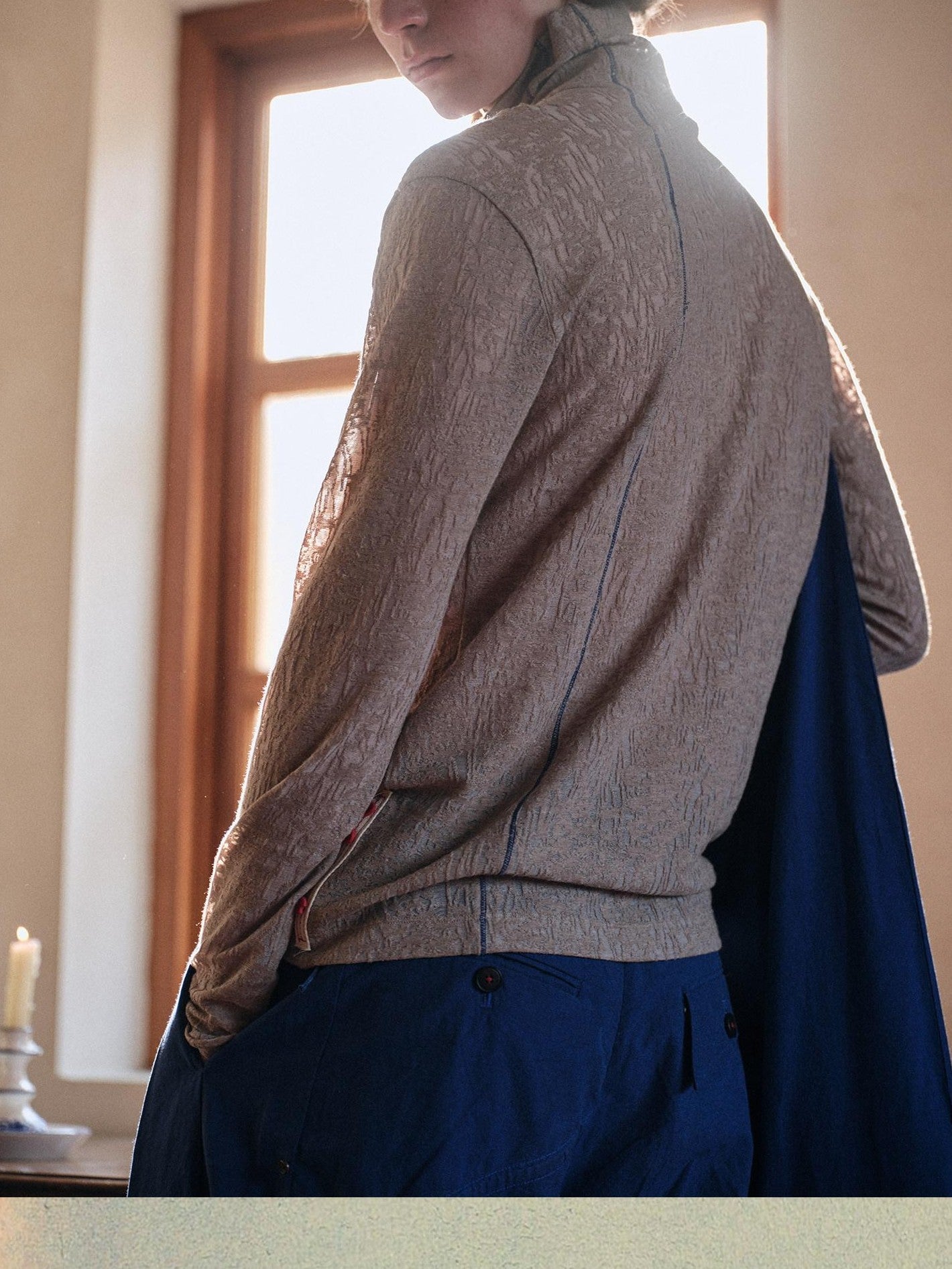 soknot Blush Lace High Neck Diagonal Placket Men's Long Sleeve T-shirts