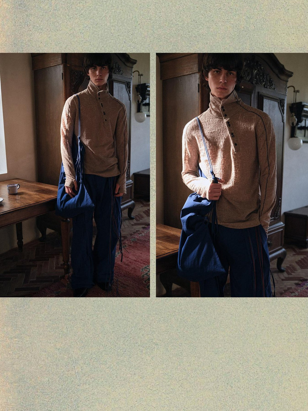 soknot Blush Lace High Neck Diagonal Placket Men's Long Sleeve T-shirts