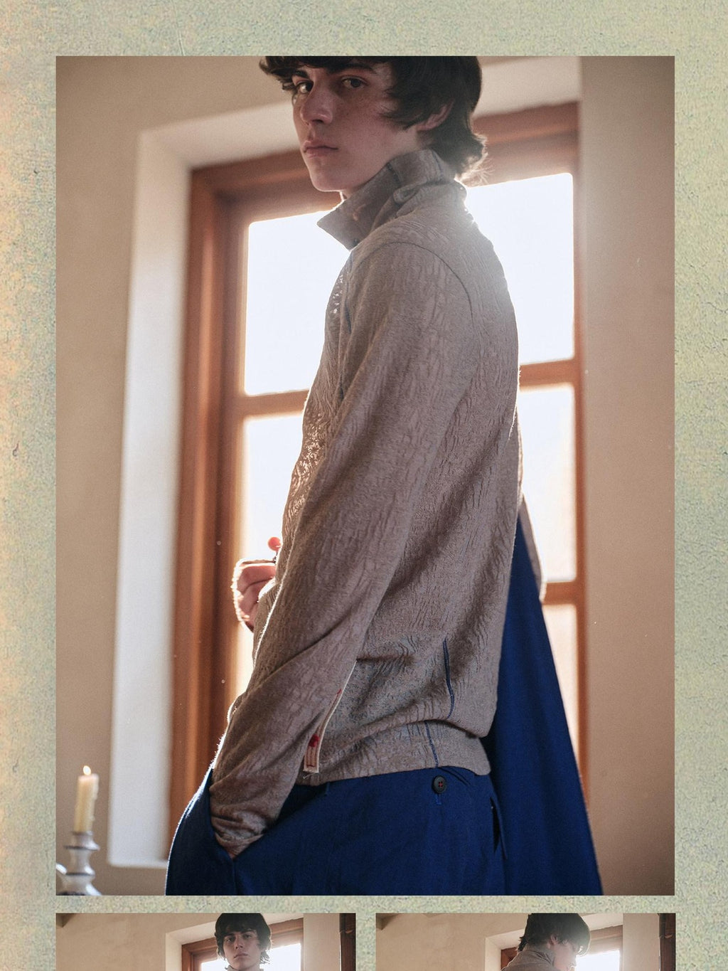 soknot Blush Lace High Neck Diagonal Placket Men's Long Sleeve T-shirts
