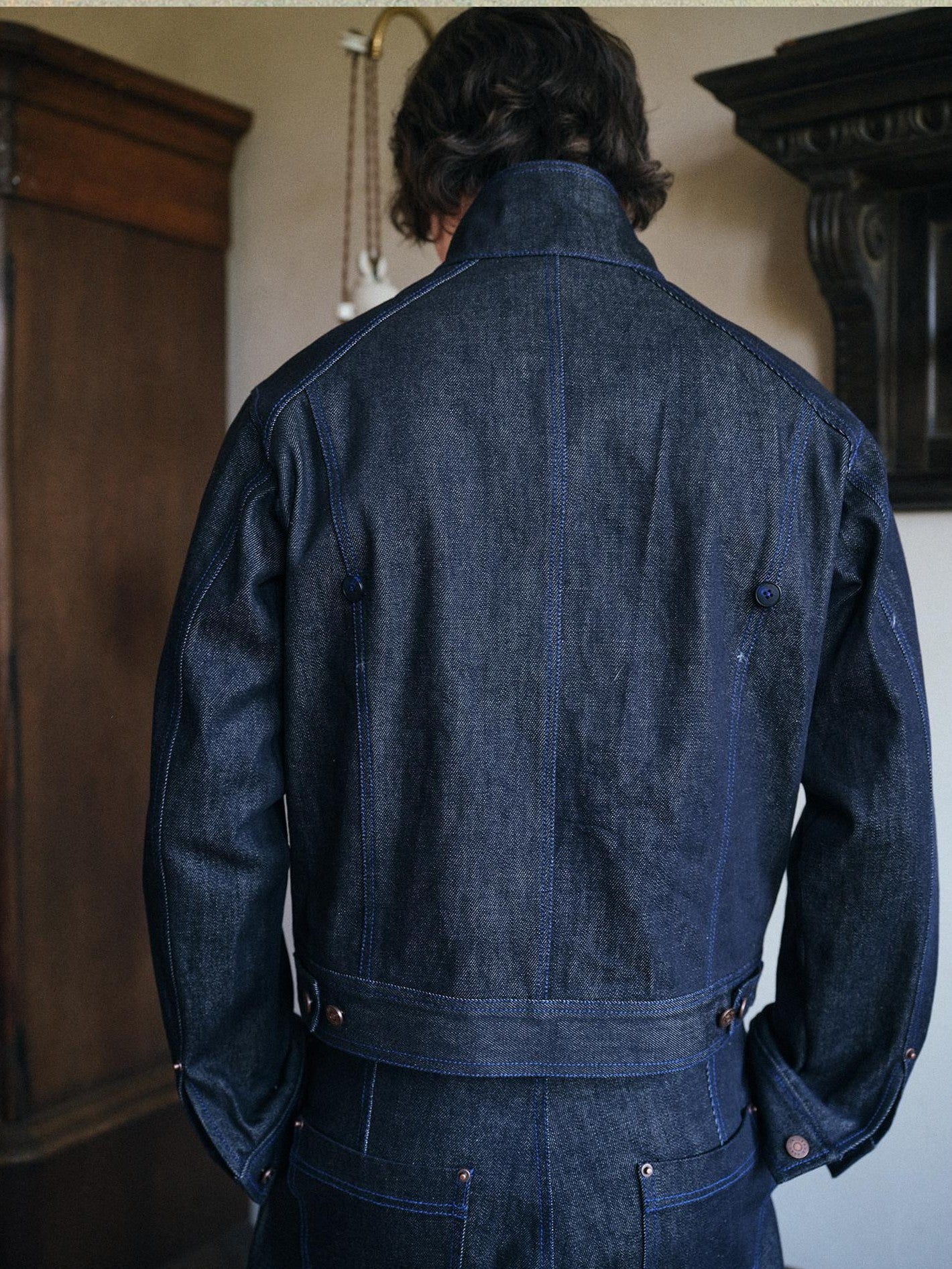 soknot Colorblock Cropped Adjustable Tabs Men's Washed Denim Jackets