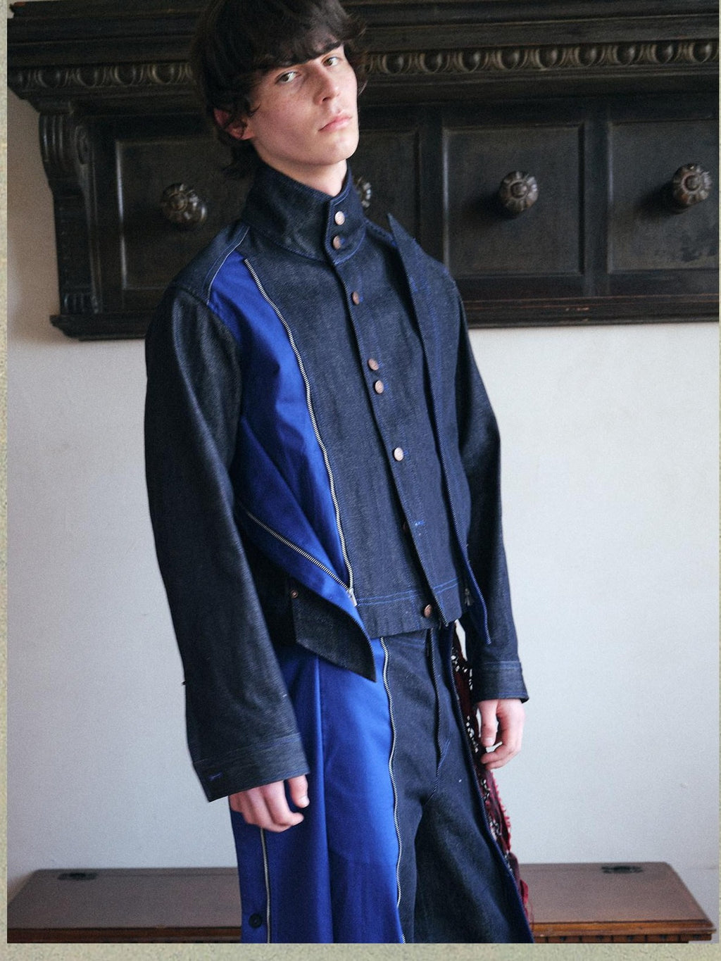 soknot Colorblock Cropped Adjustable Tabs Men's Washed Denim Jackets