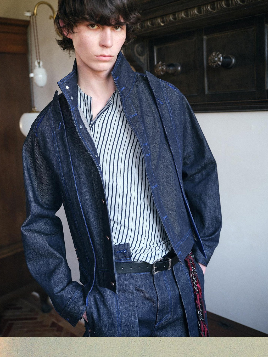 soknot Colorblock Cropped Adjustable Tabs Men's Washed Denim Jackets