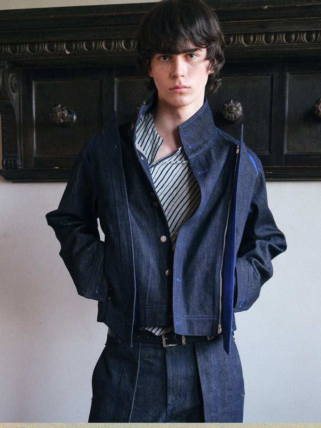 soknot Colorblock Cropped Adjustable Tabs Men's Washed Denim Jackets