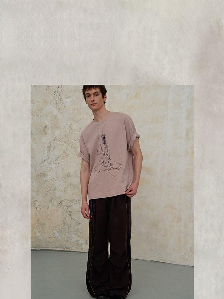 soknot Colorblock Splice Casual Elastic Waist Men's Tencel Wide-leg Pants