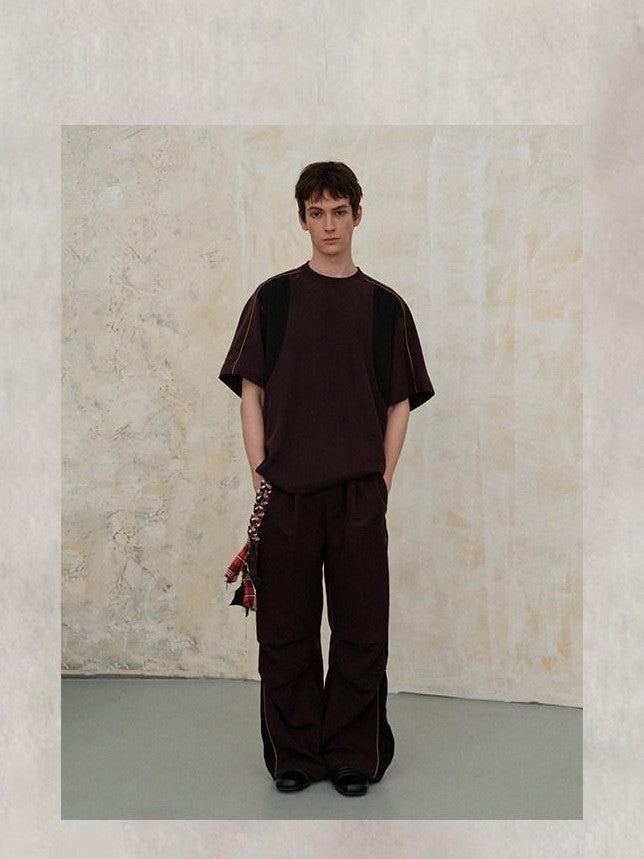 soknot Colorblock Splice Casual Elastic Waist Men's Tencel Wide-leg Pants