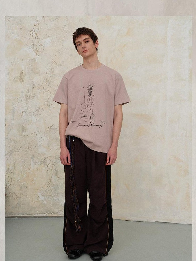 soknot Colorblock Splice Casual Elastic Waist Men's Tencel Wide-leg Pants