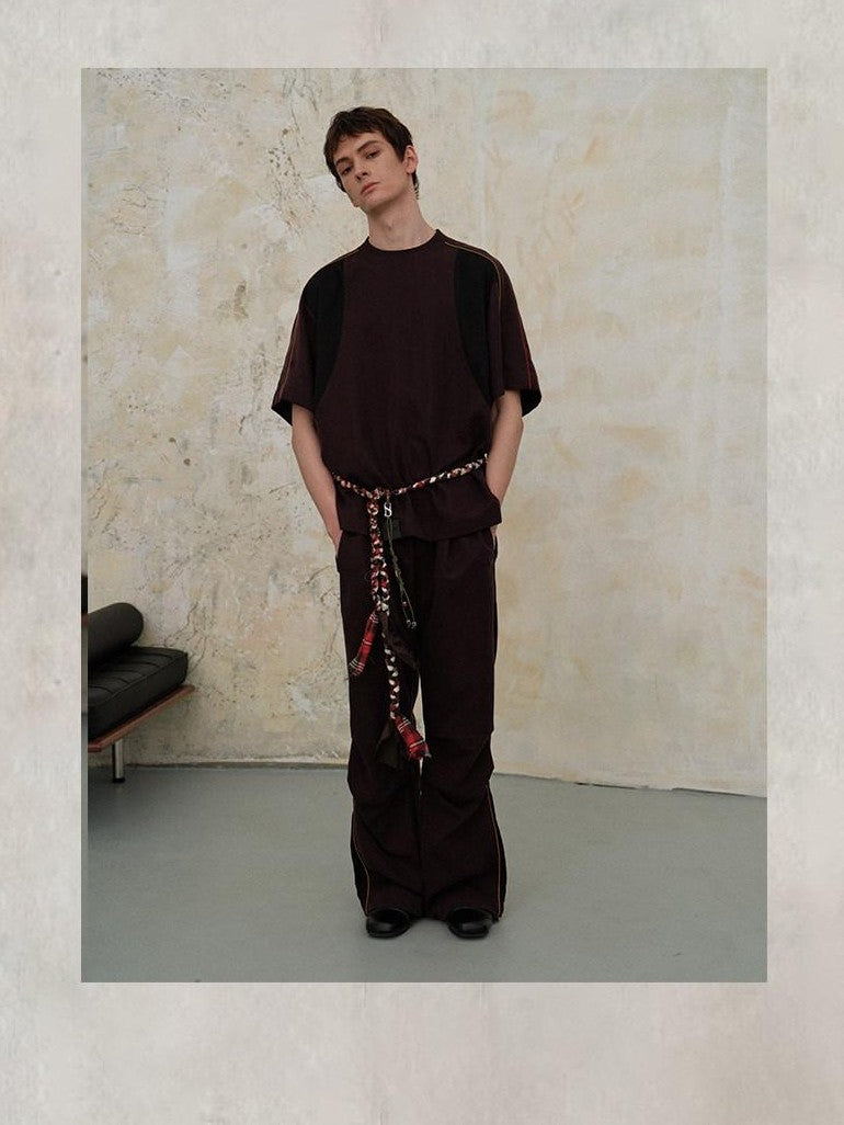 soknot Colorblock Splice Casual Elastic Waist Men's Tencel Wide-leg Pants