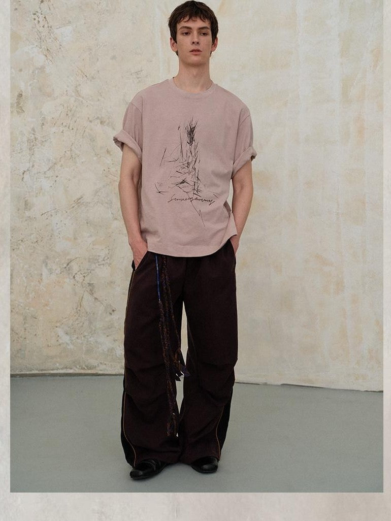 soknot Colorblock Splice Casual Elastic Waist Men's Tencel Wide-leg Pants