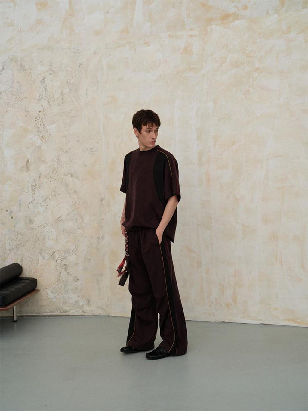 soknot Colorblock Splice Casual Elastic Waist Men's Tencel Wide-leg Pants