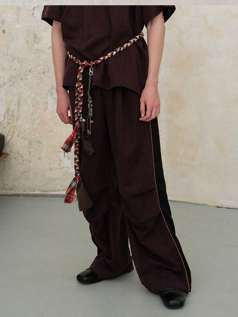 soknot Colorblock Splice Casual Elastic Waist Men's Tencel Wide-leg Pants