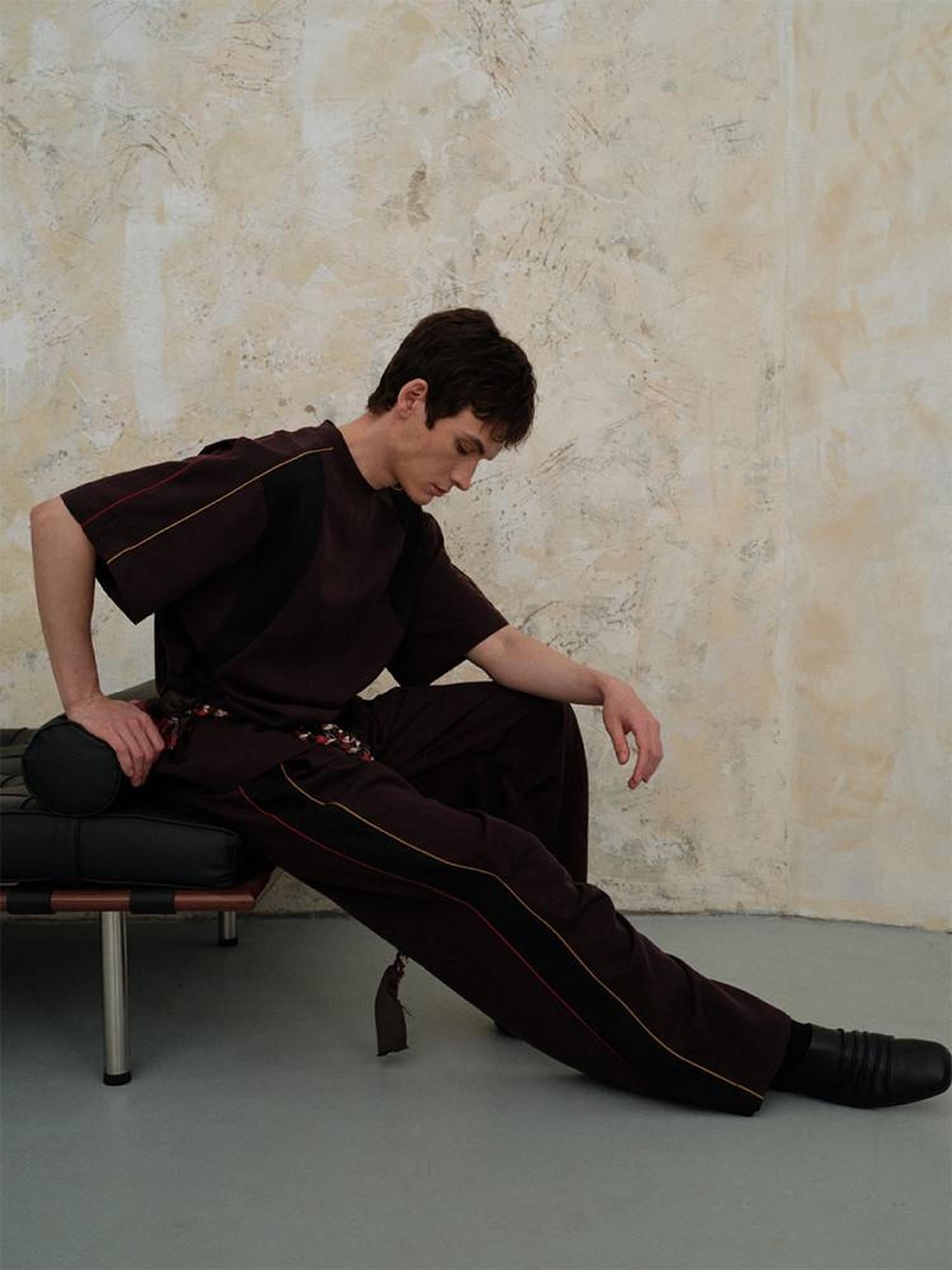 soknot Colorblock Splice Casual Elastic Waist Men's Tencel Wide-leg Pants
