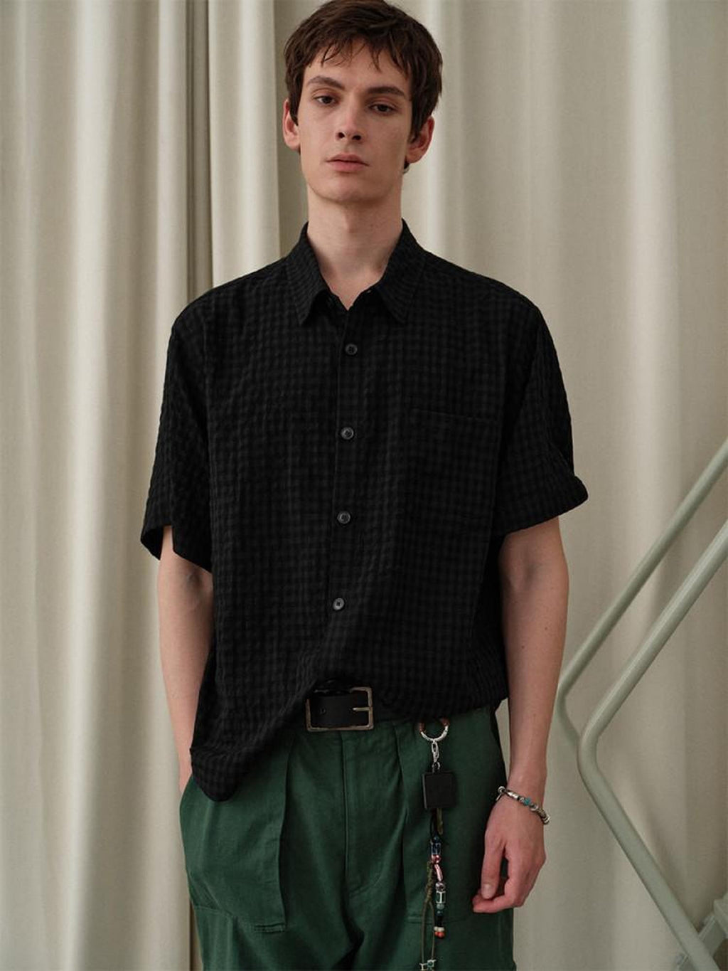 soknot Cropped Bubble Check Relaxed Fit Men's Short Sleeve T-shirts