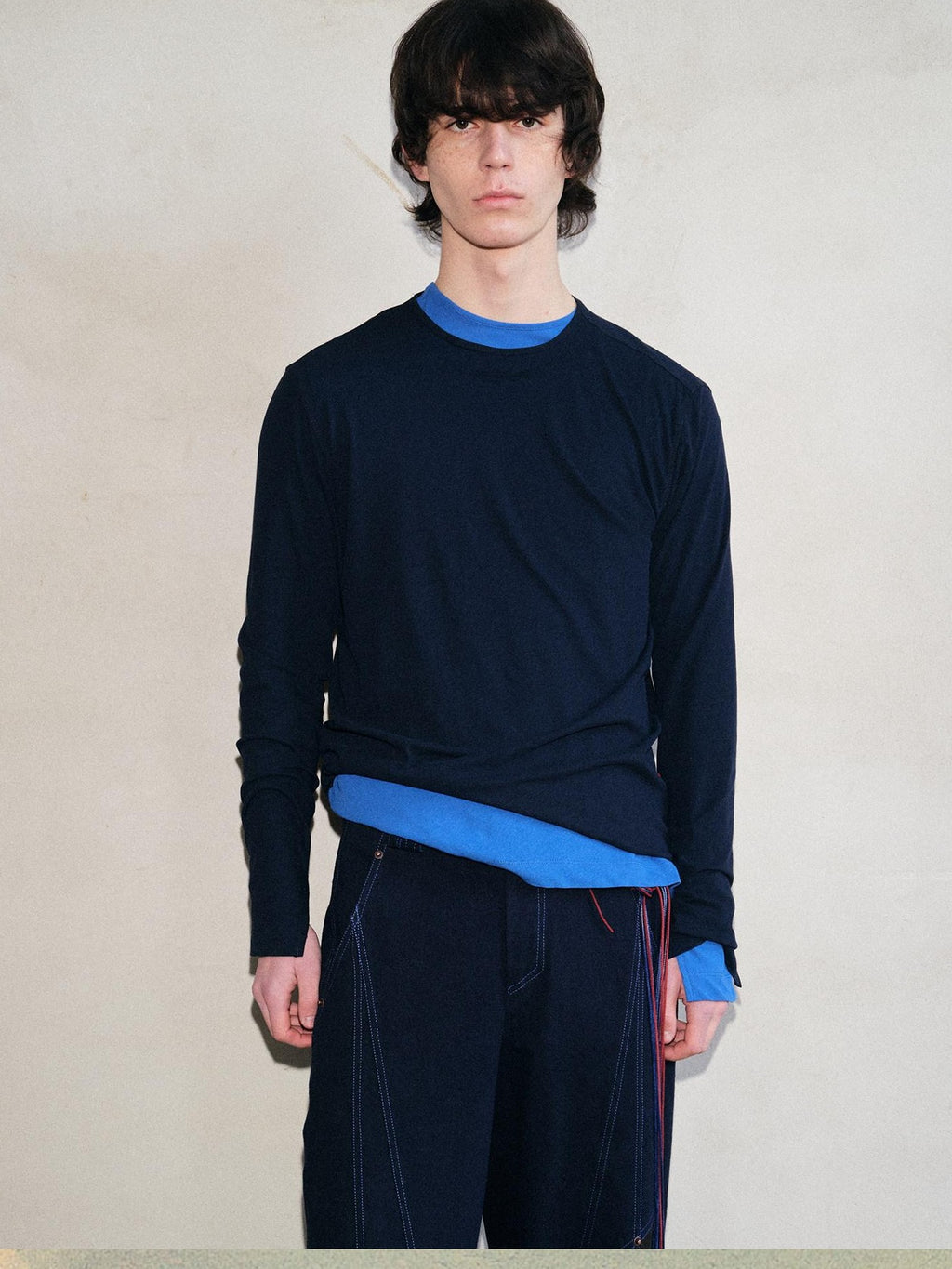 soknot Deep Indigo Round Neck Solid Pullover Men's Cotton Long Sleeve T-shirts