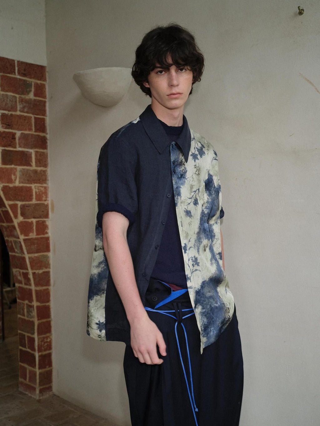 soknot Deep Lake Blue Colorblock Floral Asymmetric Placket Men's Silk Print Shirts