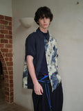 soknot Deep Lake Blue Colorblock Floral Asymmetric Placket Men's Silk Print Shirts