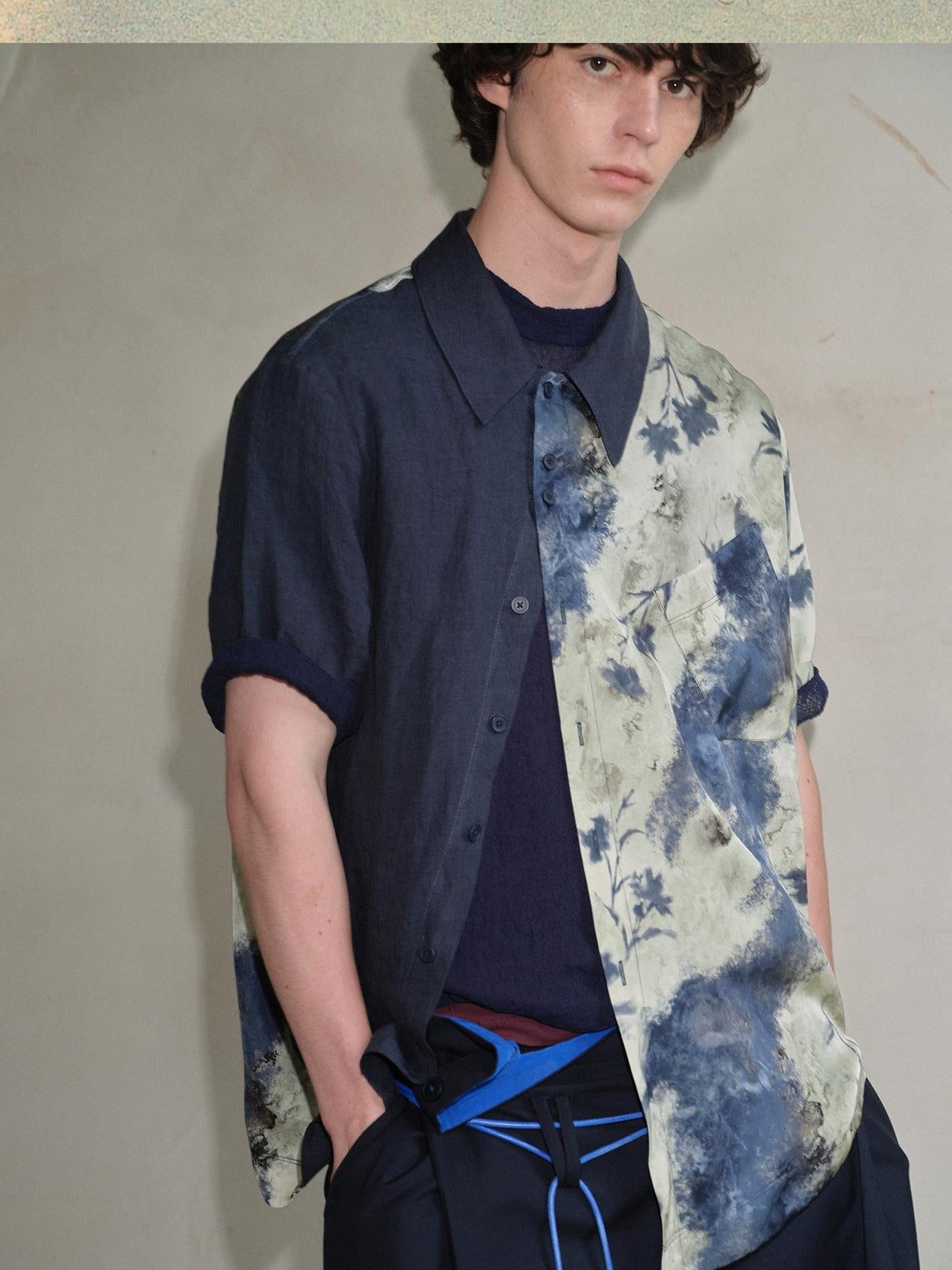 soknot Deep Lake Blue Colorblock Floral Asymmetric Placket Men's Silk Print Shirts
