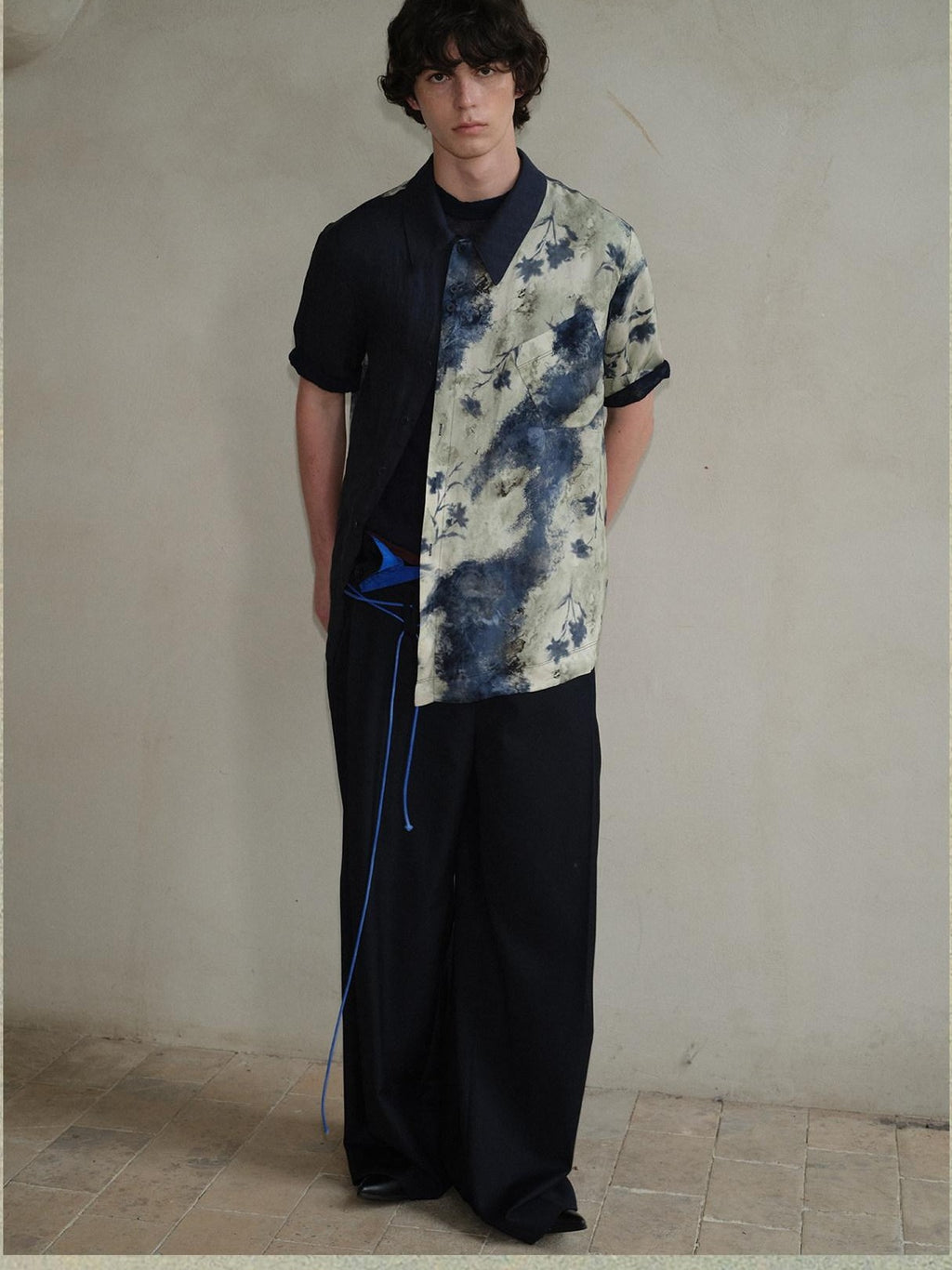 soknot Deep Lake Blue Colorblock Floral Asymmetric Placket Men's Silk Print Shirts