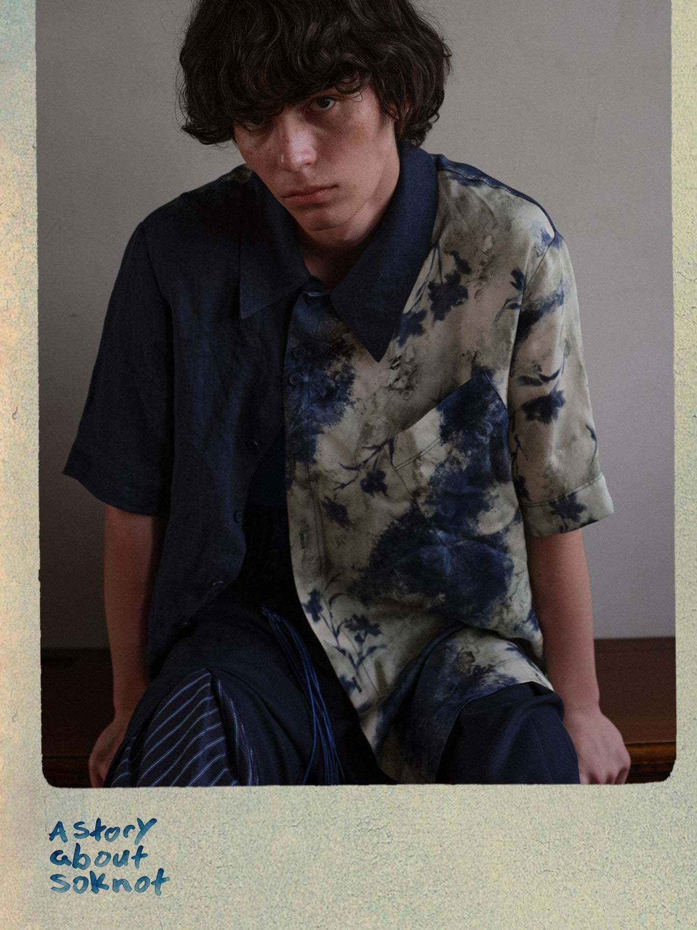 soknot Deep Lake Blue Colorblock Floral Asymmetric Placket Men's Silk Print Shirts