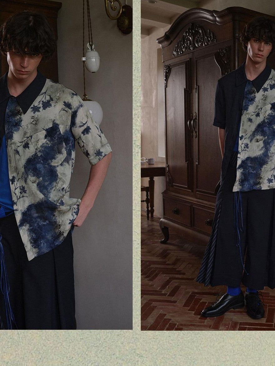 soknot Deep Lake Blue Colorblock Floral Asymmetric Placket Men's Silk Print Shirts