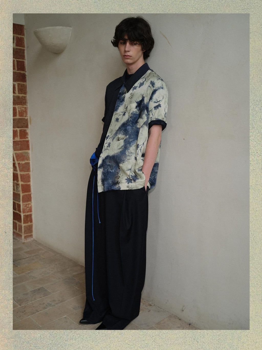 soknot Deep Lake Blue Colorblock Floral Asymmetric Placket Men's Silk Print Shirts