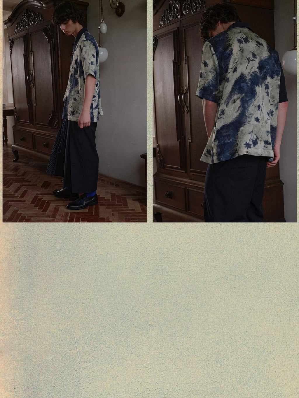 soknot Deep Lake Blue Colorblock Floral Asymmetric Placket Men's Silk Print Shirts