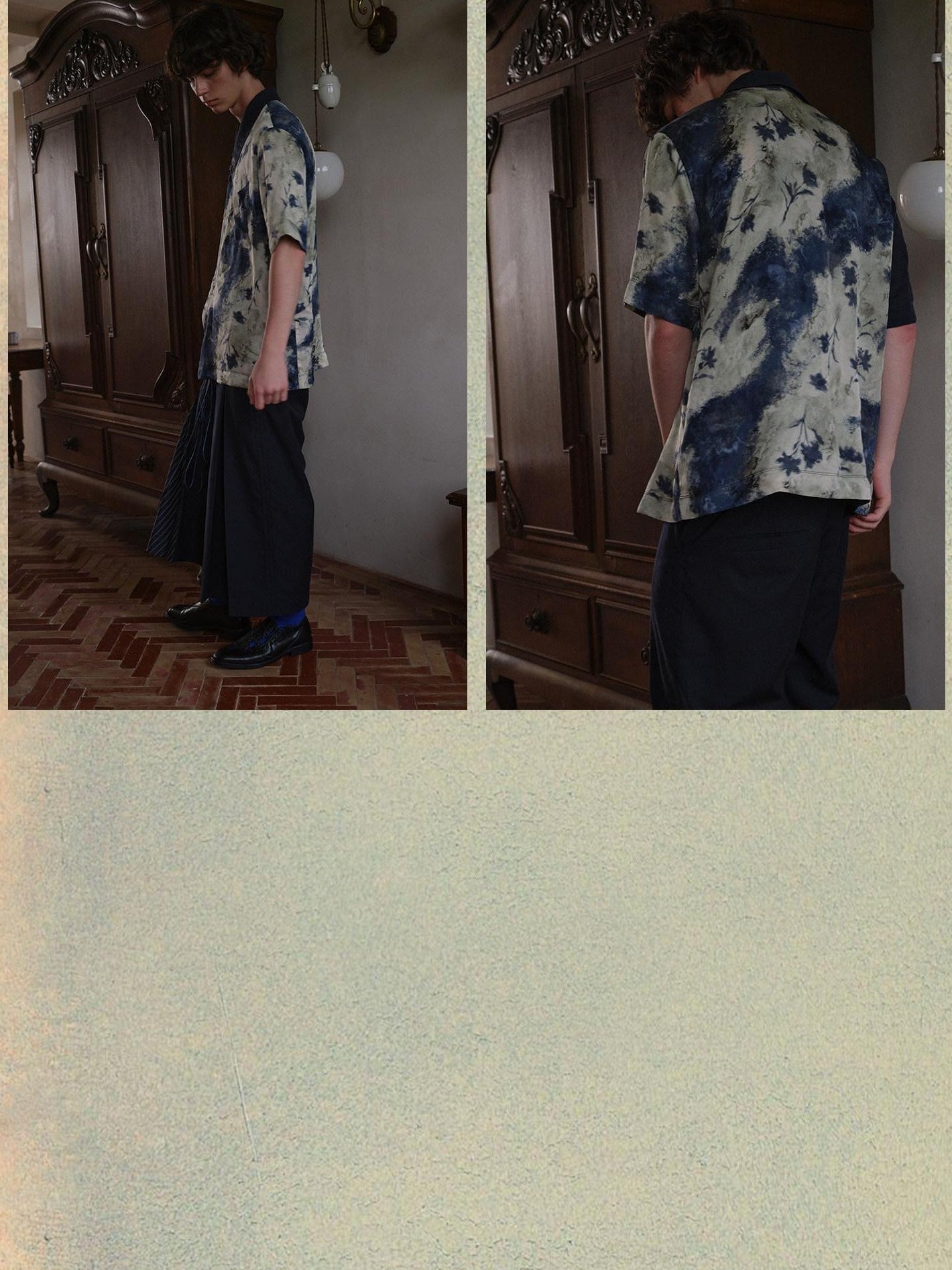 soknot Deep Lake Blue Colorblock Floral Asymmetric Placket Men's Silk Print Shirts