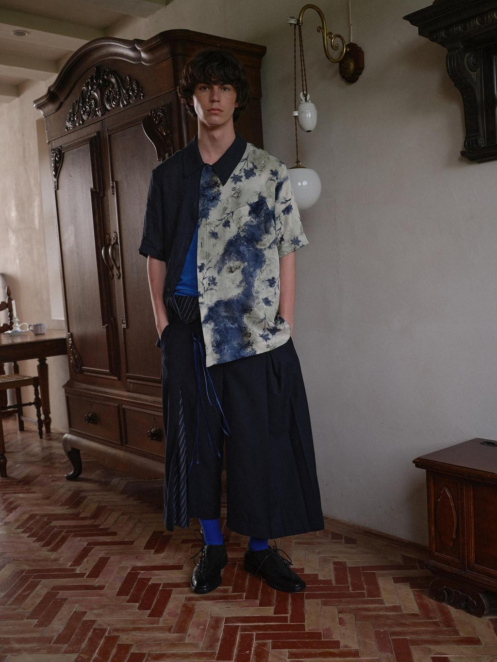 soknot Deep Lake Blue Colorblock Floral Asymmetric Placket Men's Silk Print Shirts