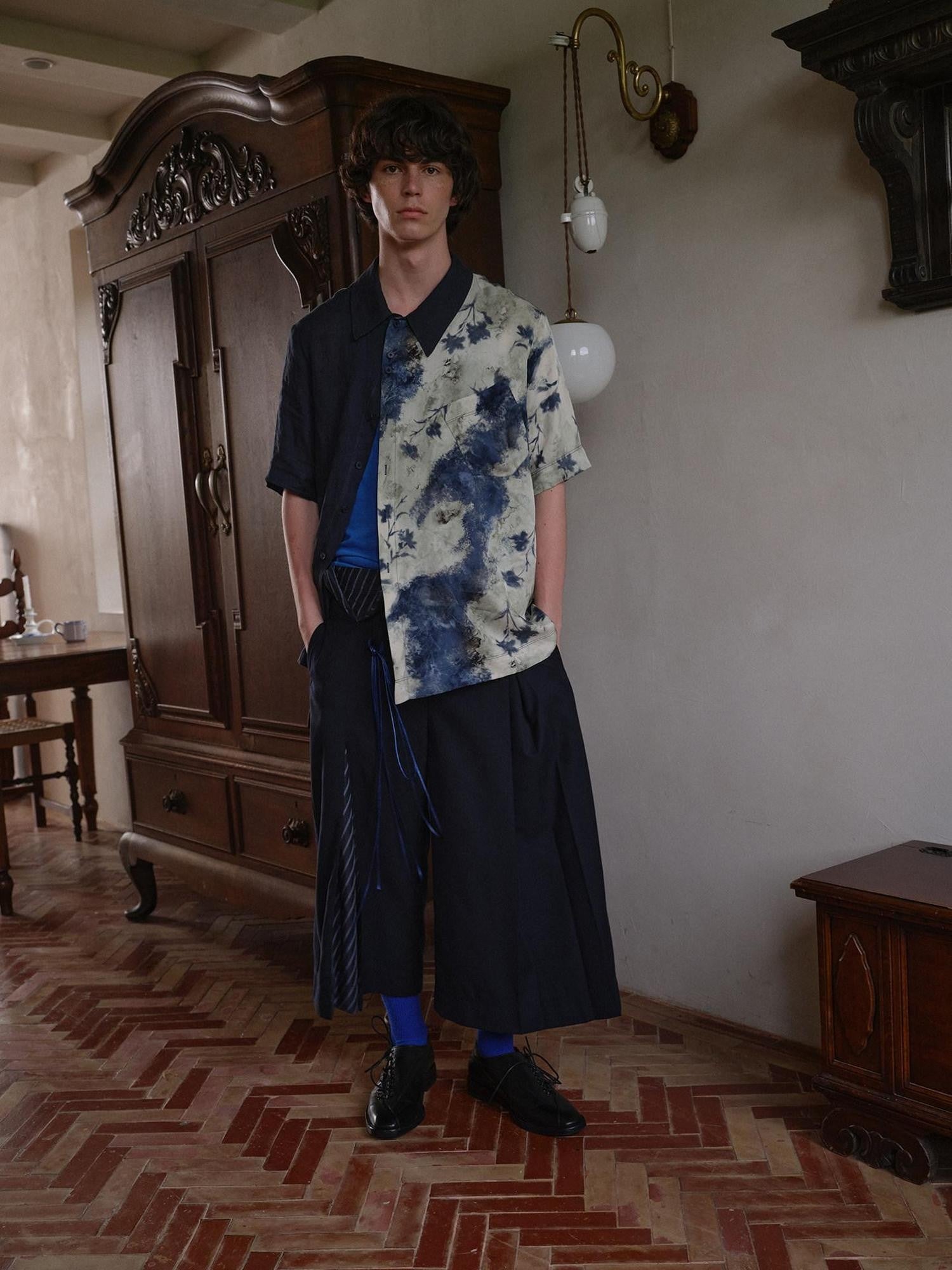 soknot Deep Lake Blue Colorblock Floral Asymmetric Placket Men's Silk Print Shirts