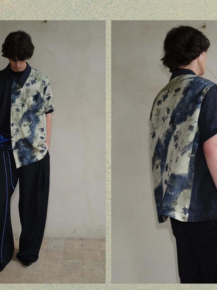 soknot Deep Lake Blue Colorblock Floral Asymmetric Placket Men's Silk Print Shirts