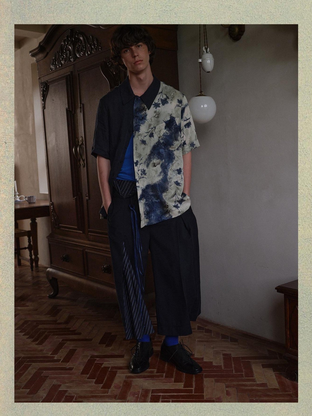 soknot Deep Lake Blue Colorblock Floral Asymmetric Placket Men's Silk Print Shirts