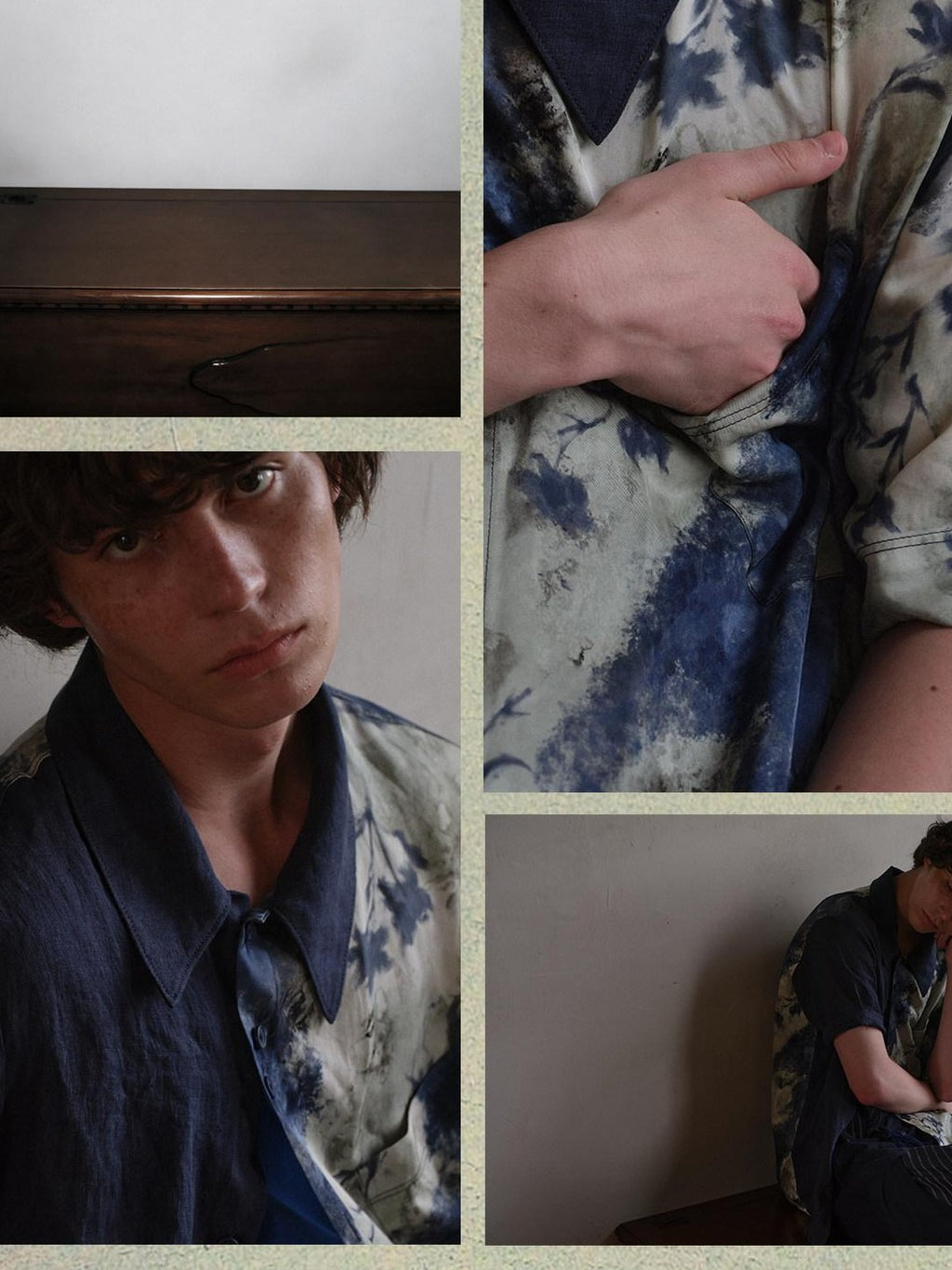 soknot Deep Lake Blue Colorblock Floral Asymmetric Placket Men's Silk Print Shirts