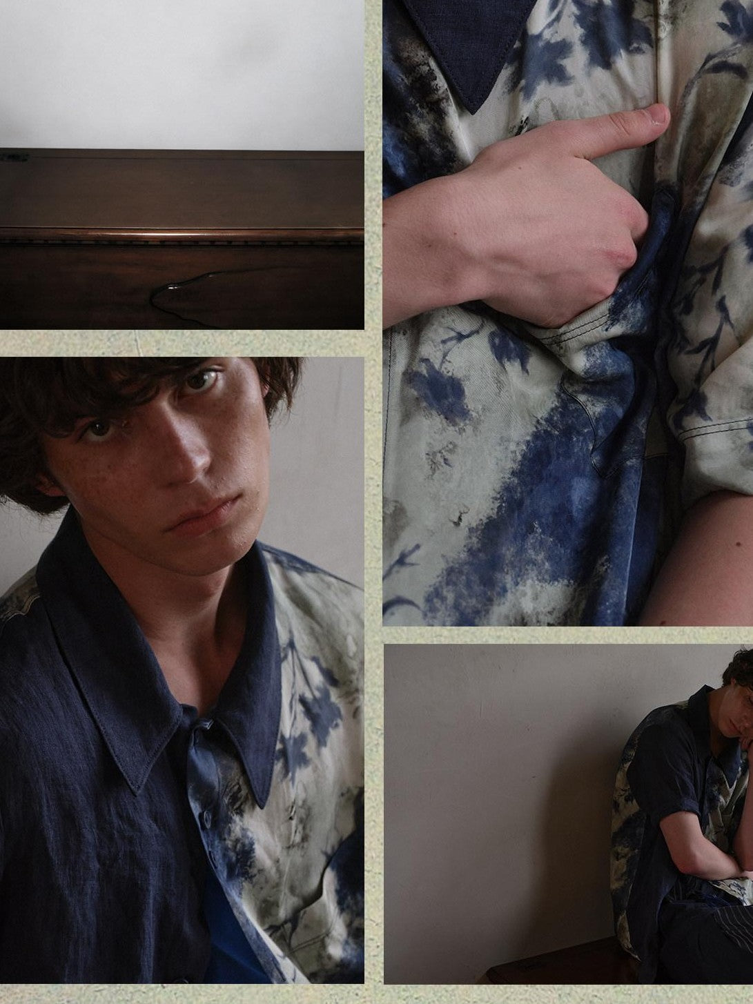 soknot Deep Lake Blue Colorblock Floral Asymmetric Placket Men's Silk Print Shirts
