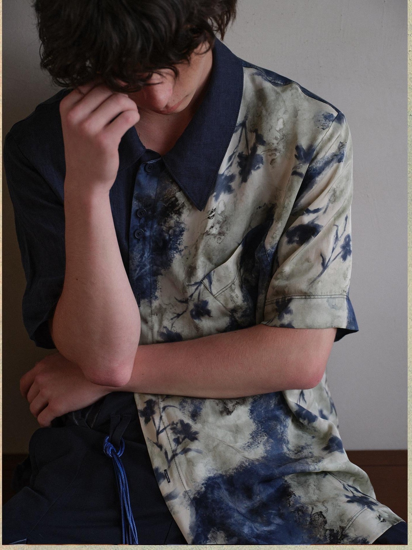soknot Deep Lake Blue Colorblock Floral Asymmetric Placket Men's Silk Print Shirts