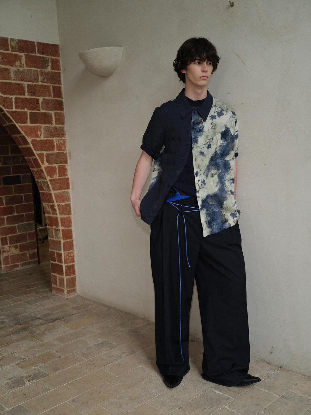 soknot Deep Lake Blue Colorblock Floral Asymmetric Placket Men's Silk Print Shirts