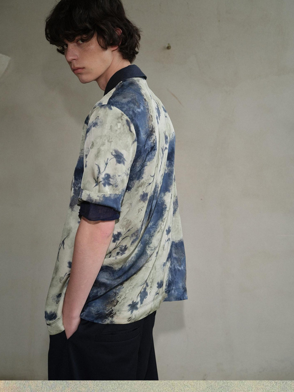soknot Deep Lake Blue Colorblock Floral Asymmetric Placket Men's Silk Print Shirts