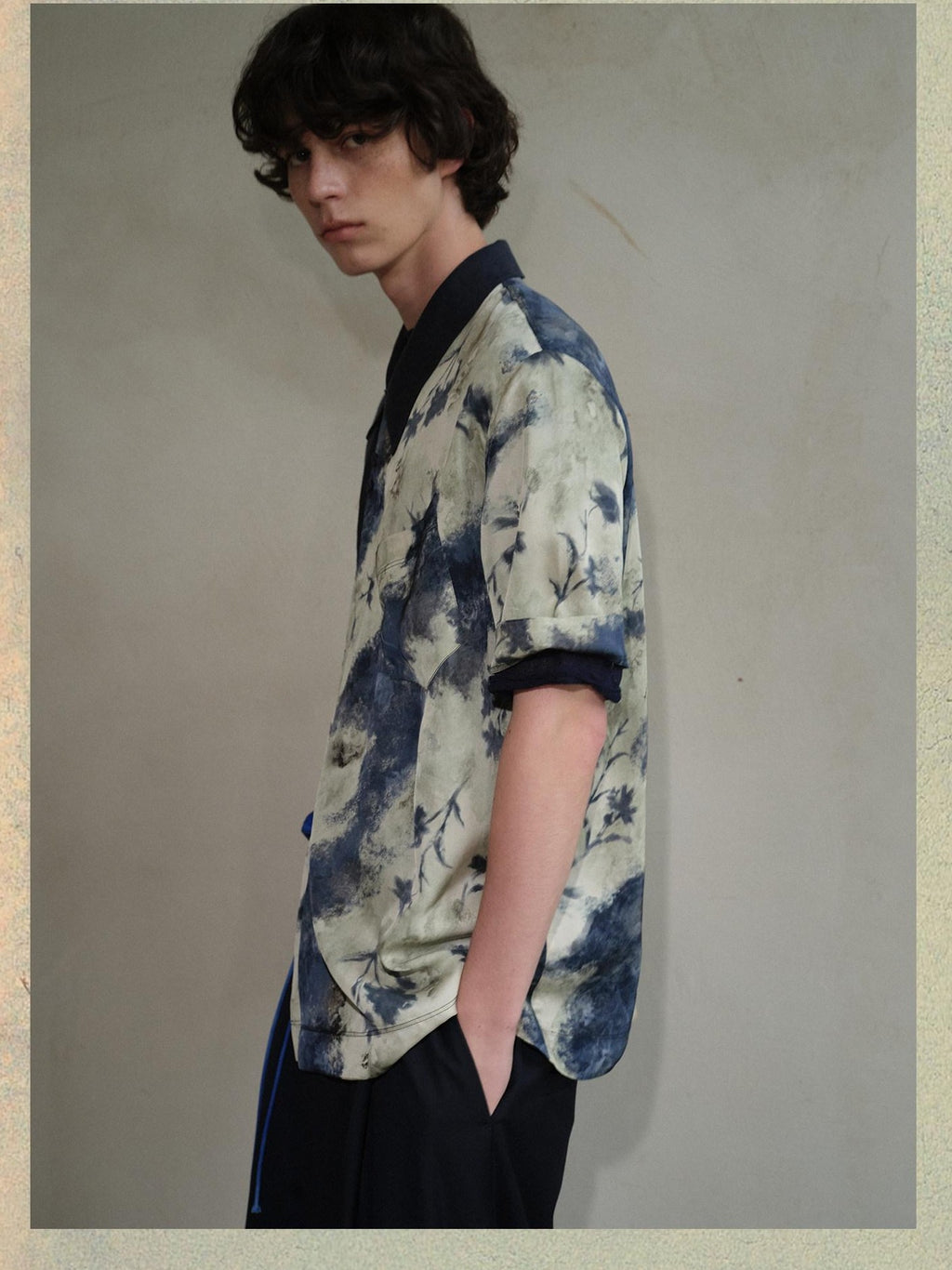 soknot Deep Lake Blue Colorblock Floral Asymmetric Placket Men's Silk Print Shirts