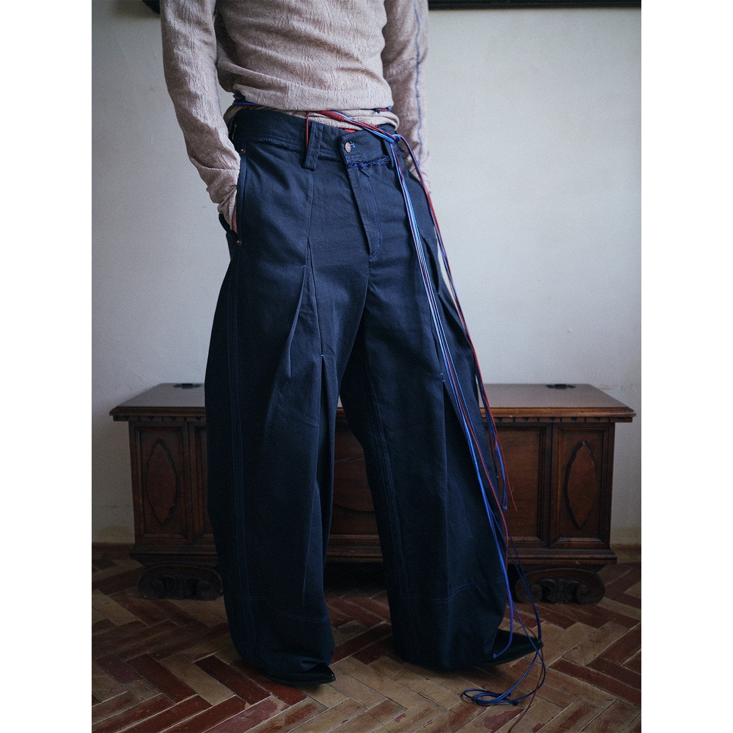 soknot_Deep_Lake_Blue_Slanted_Button_Placket_Loose_Men's_Cotton_Straight-leg_Pants_MISSTT